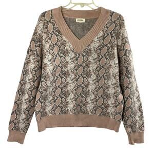 Adora V Neck Sweater Womens Large Pink‎ Gray White Print Warm Pullover